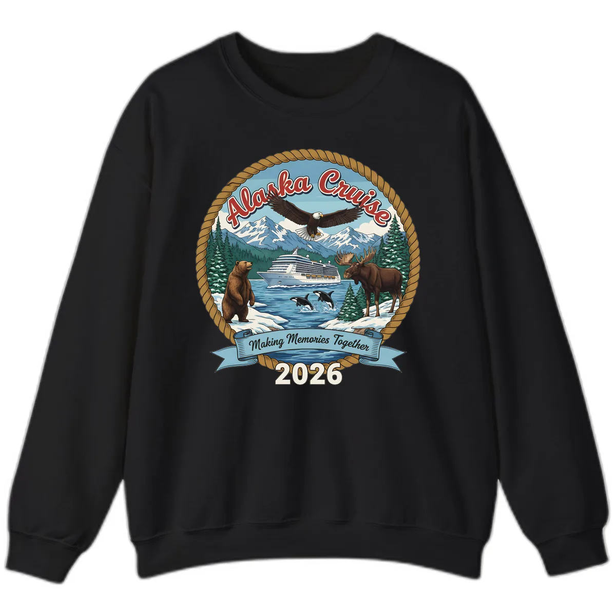 Alaska Cruise Wildlife and Ship 2026 Sweatshirt in Black