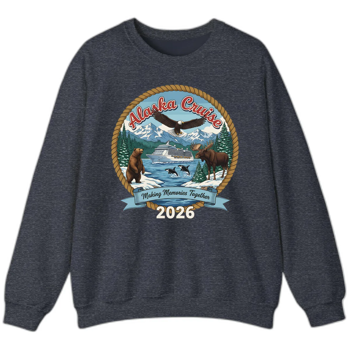 Alaska Cruise Wildlife and Ship 2026 Sweatshirt in Heather Sport Dark Navy