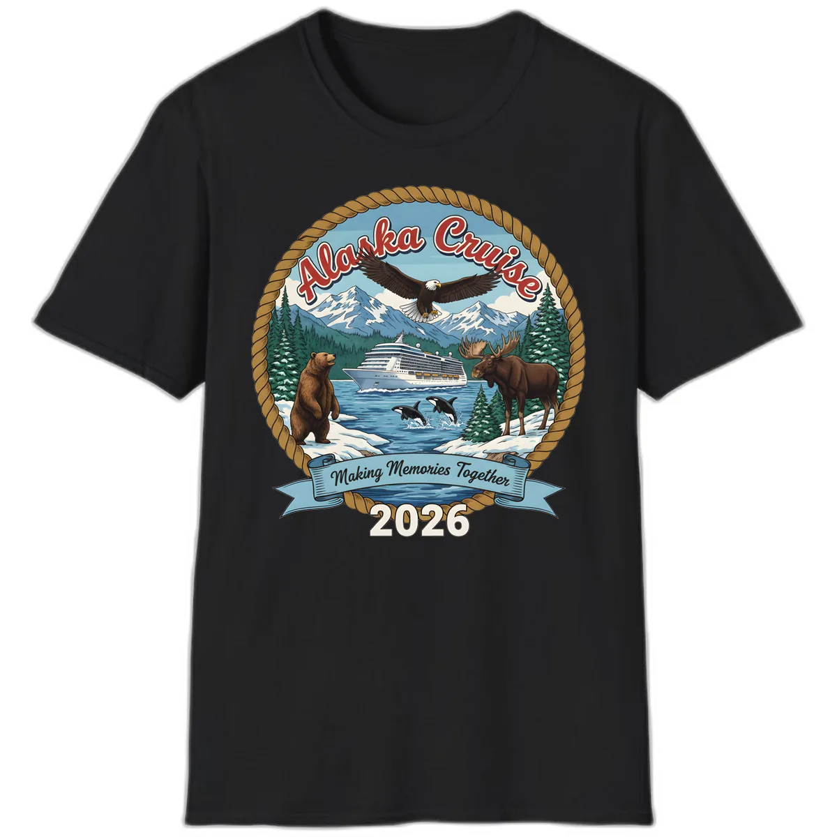Alaska Cruise Wildlife and Ship 2026 T-Shirt in Black