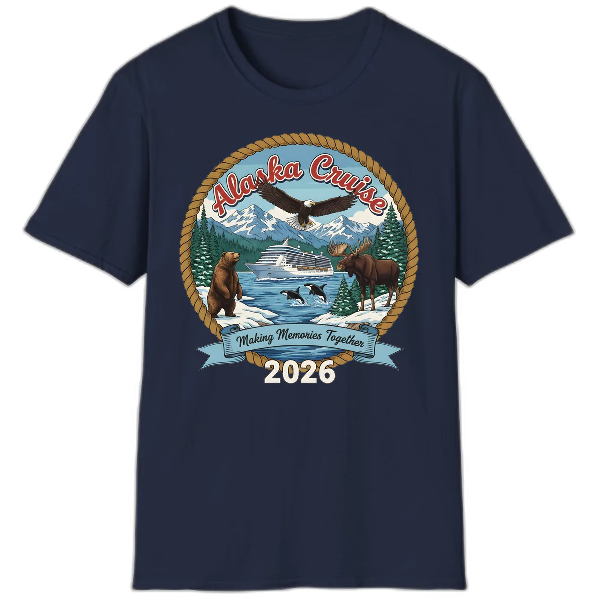 Alaska Cruise Wildlife and Ship 2026 T-Shirt in Navy