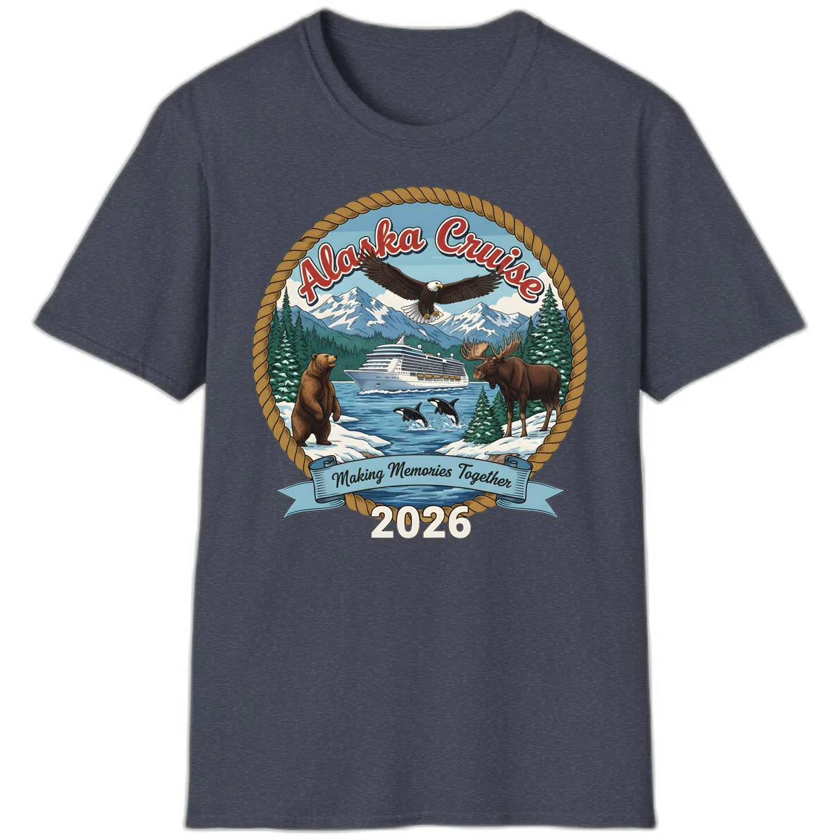 Alaska Cruise Wildlife and Ship 2026 T-Shirt in Heather Navy
