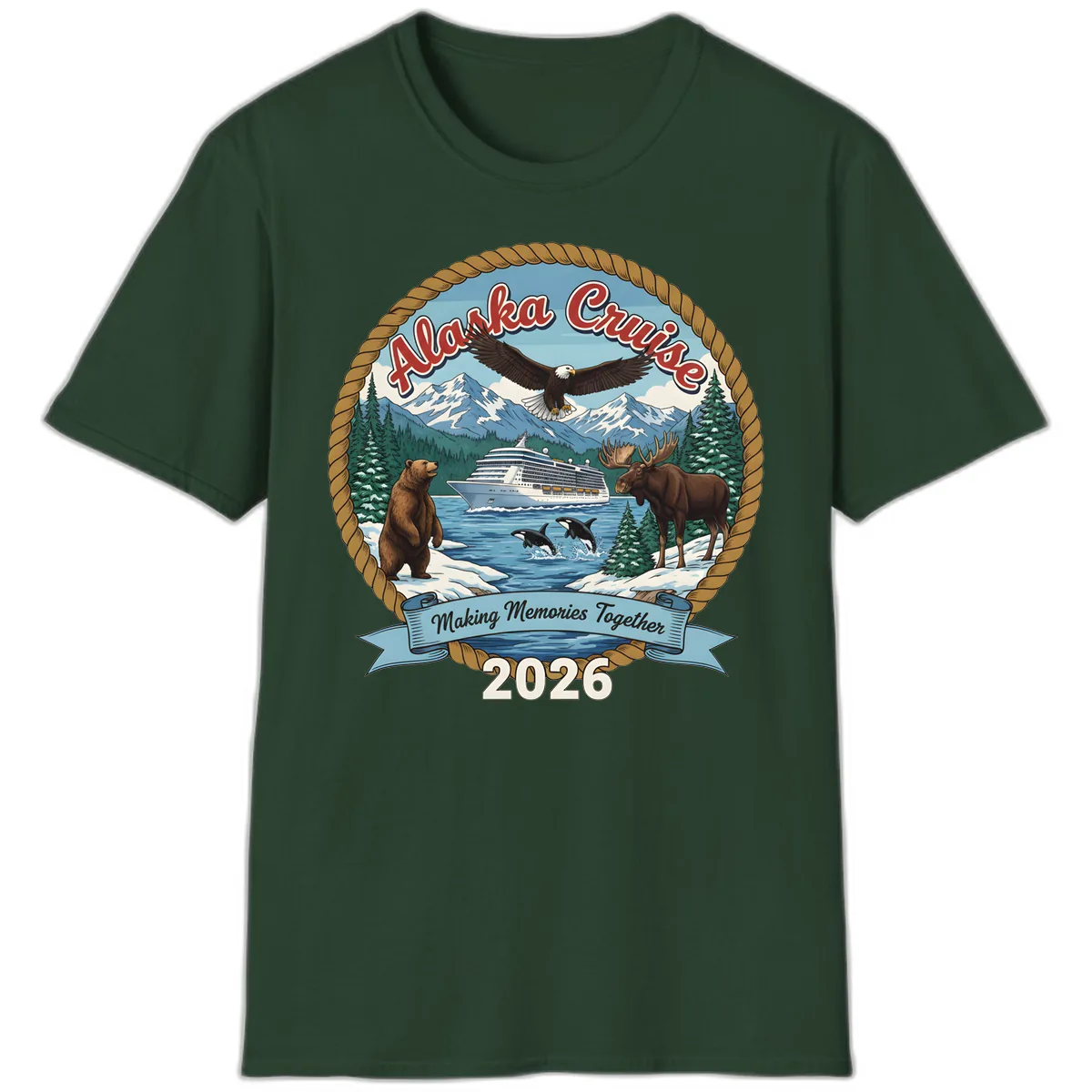 Alaska Cruise Wildlife and Ship 2026 T-Shirt in Forest Green