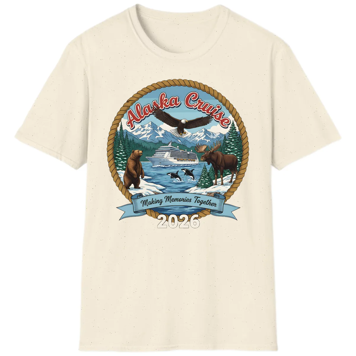 Alaska Cruise Wildlife and Ship 2026 T-Shirt in Natural
