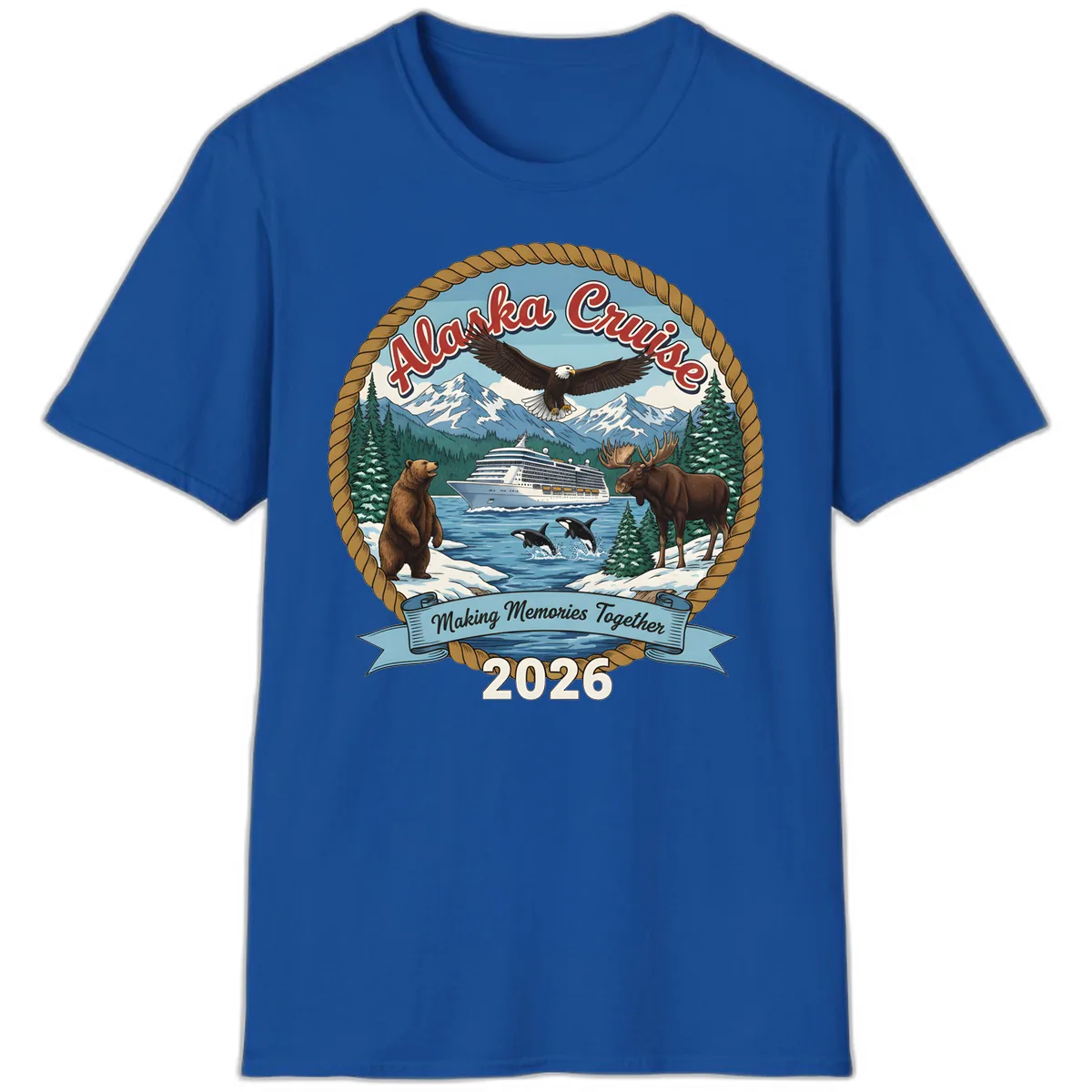 Alaska Cruise Wildlife and Ship 2026 T-Shirt in Royal