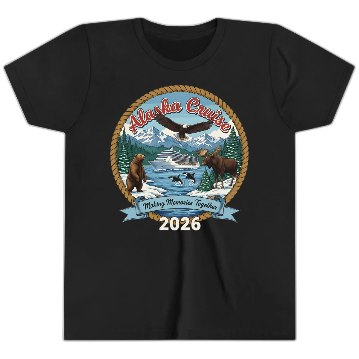 Alaska Cruise Wildlife and Ship 2026 Youth T-Shirt in Black