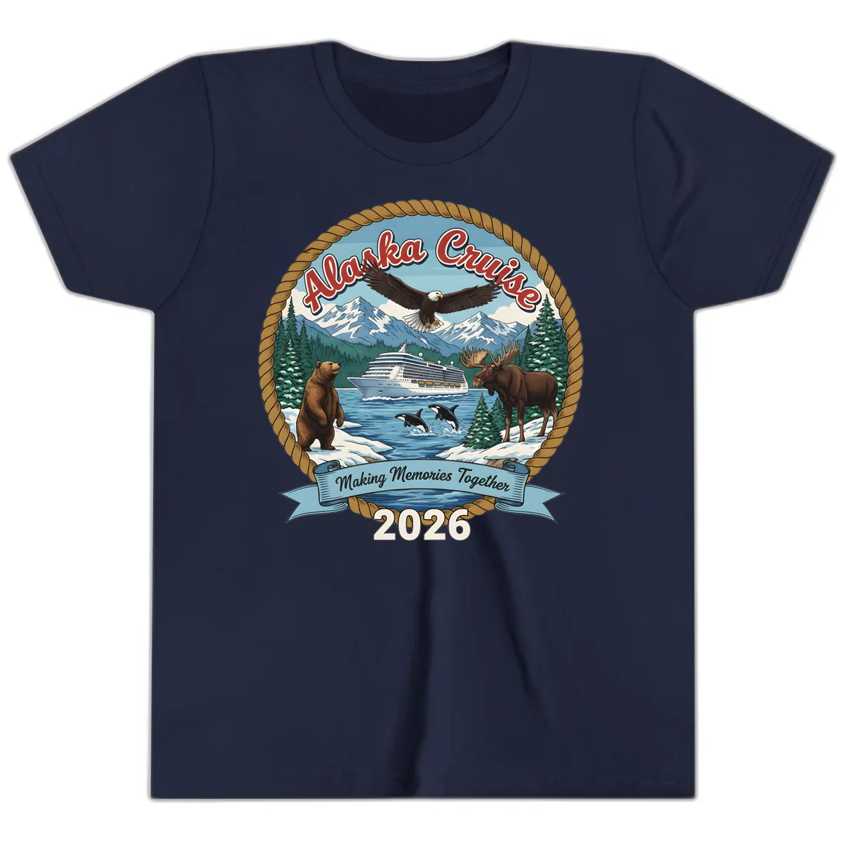 Alaska Cruise Wildlife and Ship 2026 Youth T-Shirt in Navy