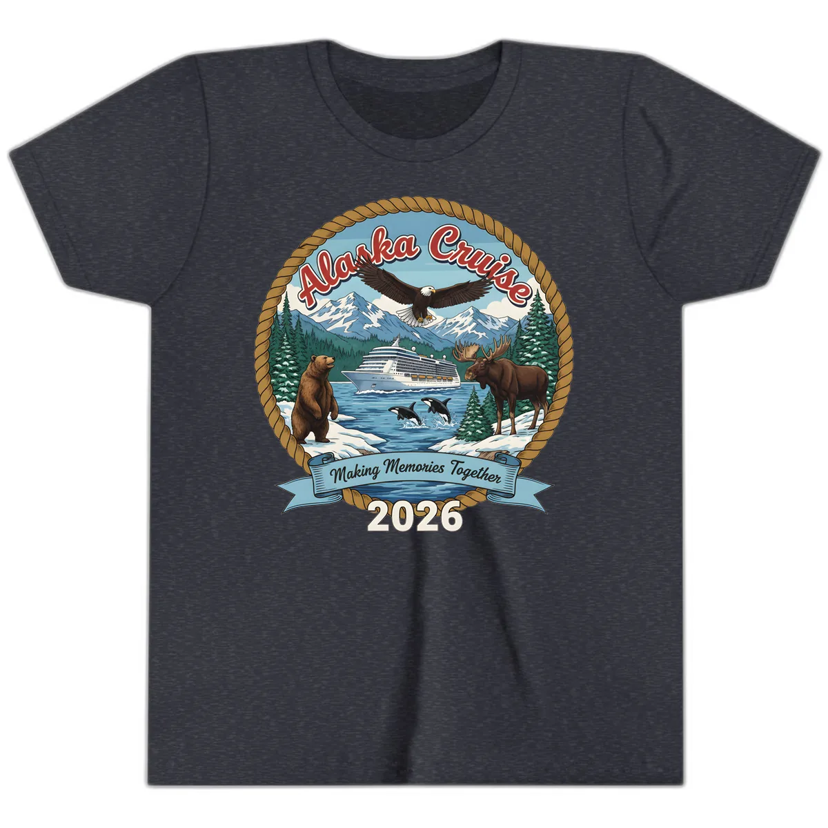 Alaska Cruise Wildlife and Ship 2026 Youth T-Shirt in Heather Navy