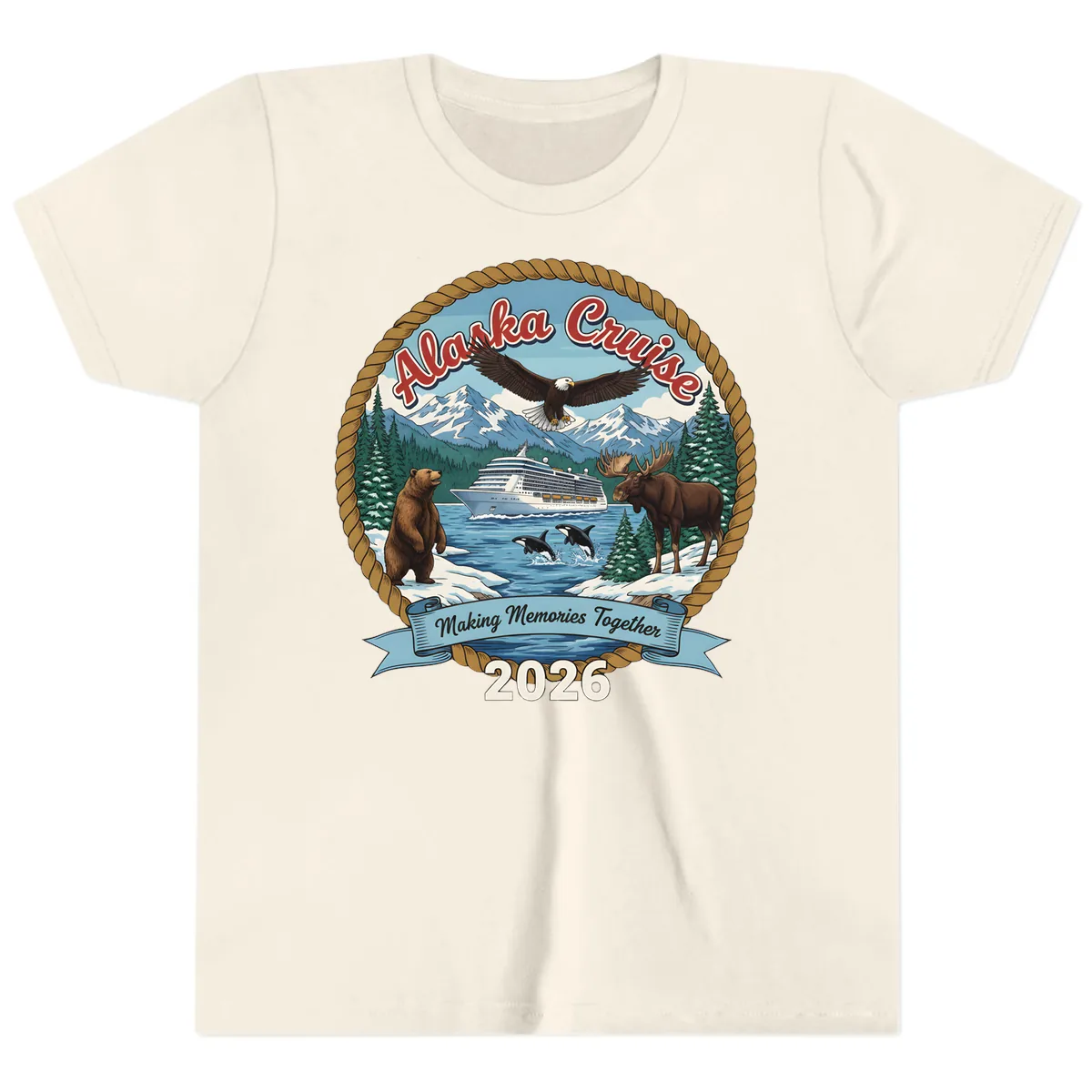 Alaska Cruise Wildlife and Ship 2026 Youth T-Shirt in Natural
