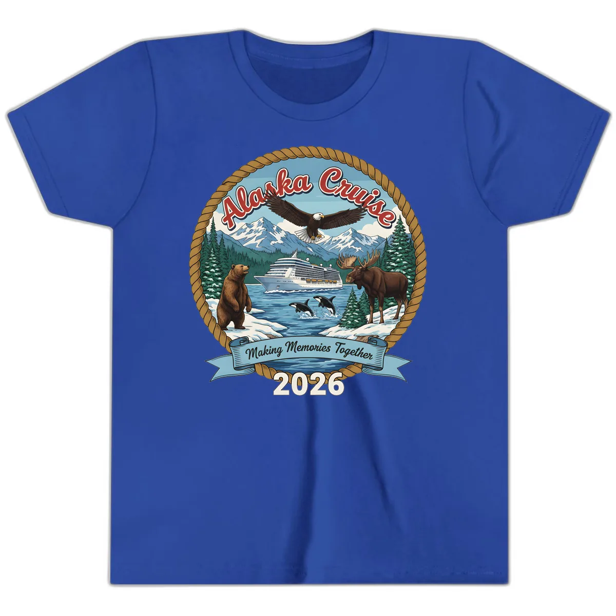 Alaska Cruise Wildlife and Ship 2026 Youth T-Shirt in True Royal