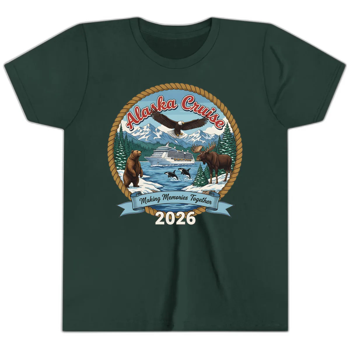 Alaska Cruise Wildlife and Ship 2026 Youth T-Shirt in Forest