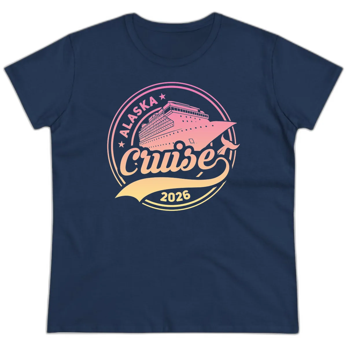 Alaska Cruise 2026 Ship Voyage Badge Ladies Tee in Navy