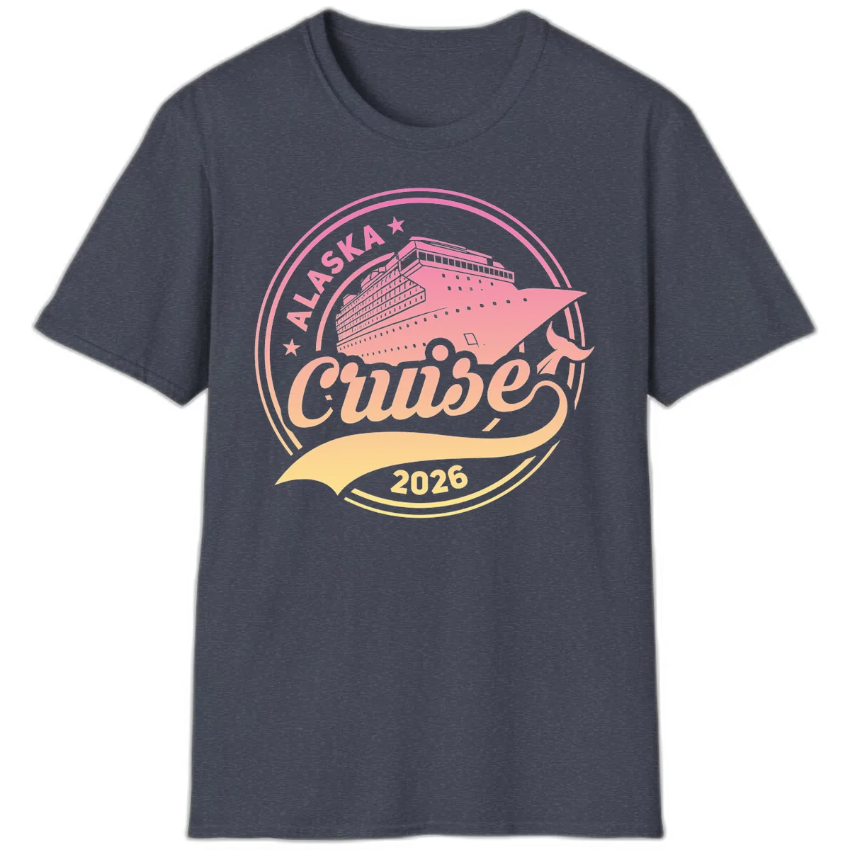 Alaska Cruise 2026 Ship Voyage Badge T-Shirt in Heather Navy