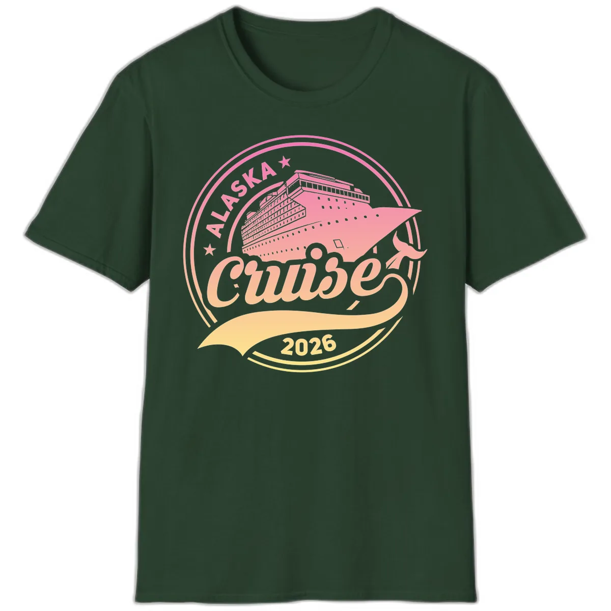 Alaska Cruise 2026 Ship Voyage Badge T-Shirt in Forest Green