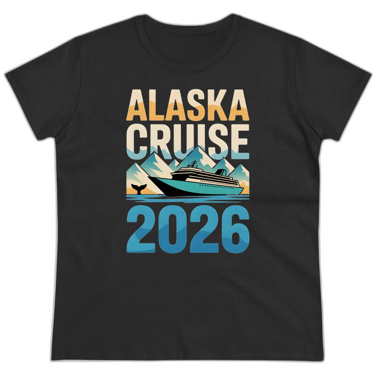 Alaska Cruise Ship 2026 Vintage Scene Ladies Tee in Black