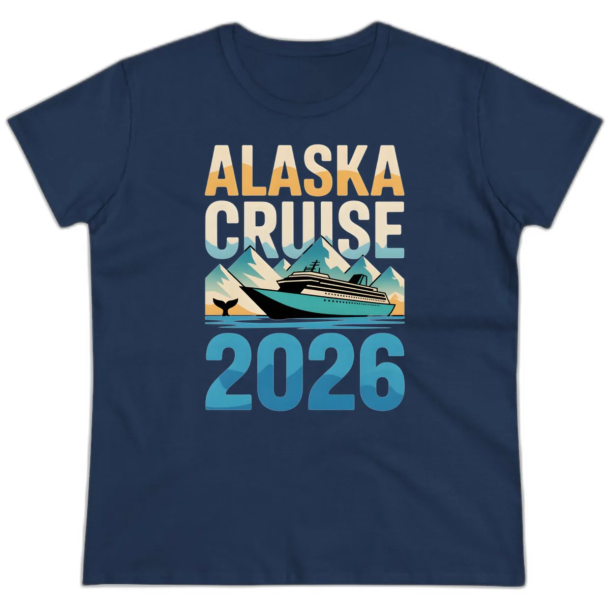 Alaska Cruise Ship 2026 Vintage Scene Ladies Tee in Navy