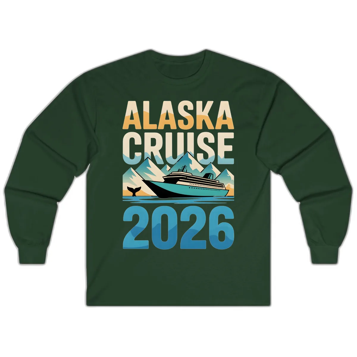 Alaska Cruise Ship 2026 Vintage Scene Long Sleeve in Forest Green