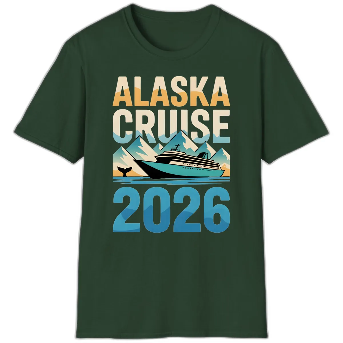 Alaska Cruise Ship 2026 Vintage Scene T-Shirt in Forest Green