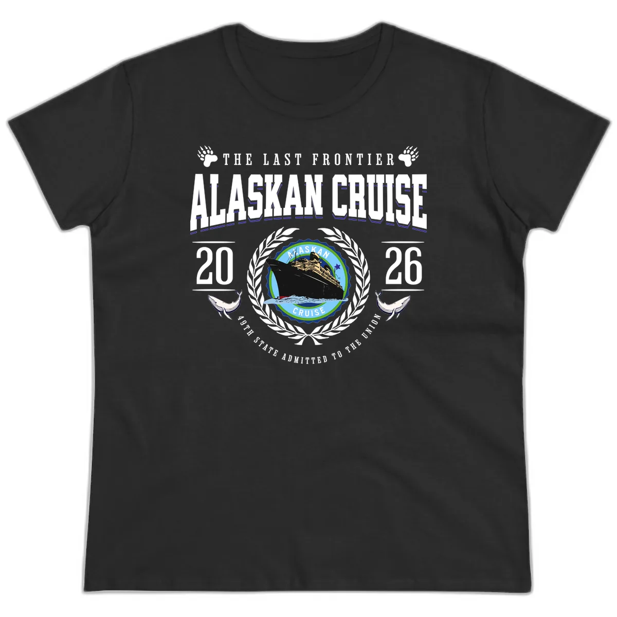 Alaskan Cruise 2026 Commemorative Emblem Ladies Tee in Black