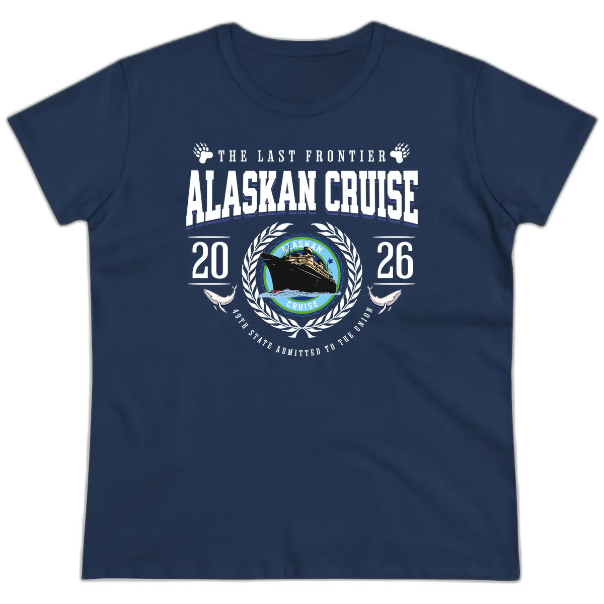 Alaskan Cruise 2026 Commemorative Emblem Ladies Tee in Navy