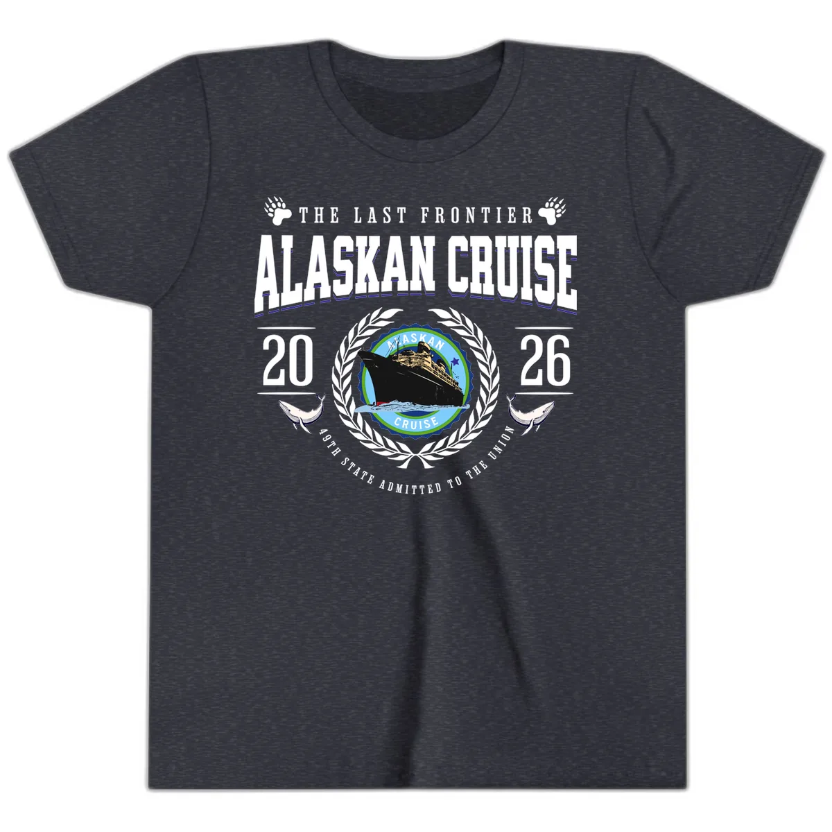 Alaskan Cruise 2026 Commemorative Emblem Youth T-Shirt in Heather Navy