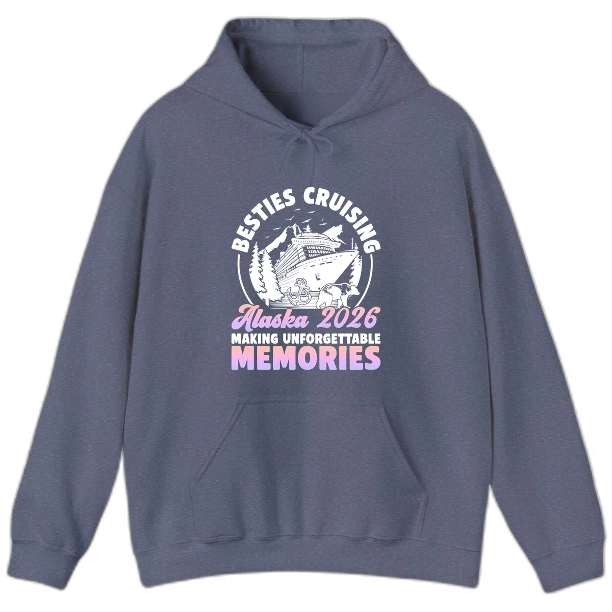 Besties Cruising Alaska 2026 Memories Hoodie in Heather Navy