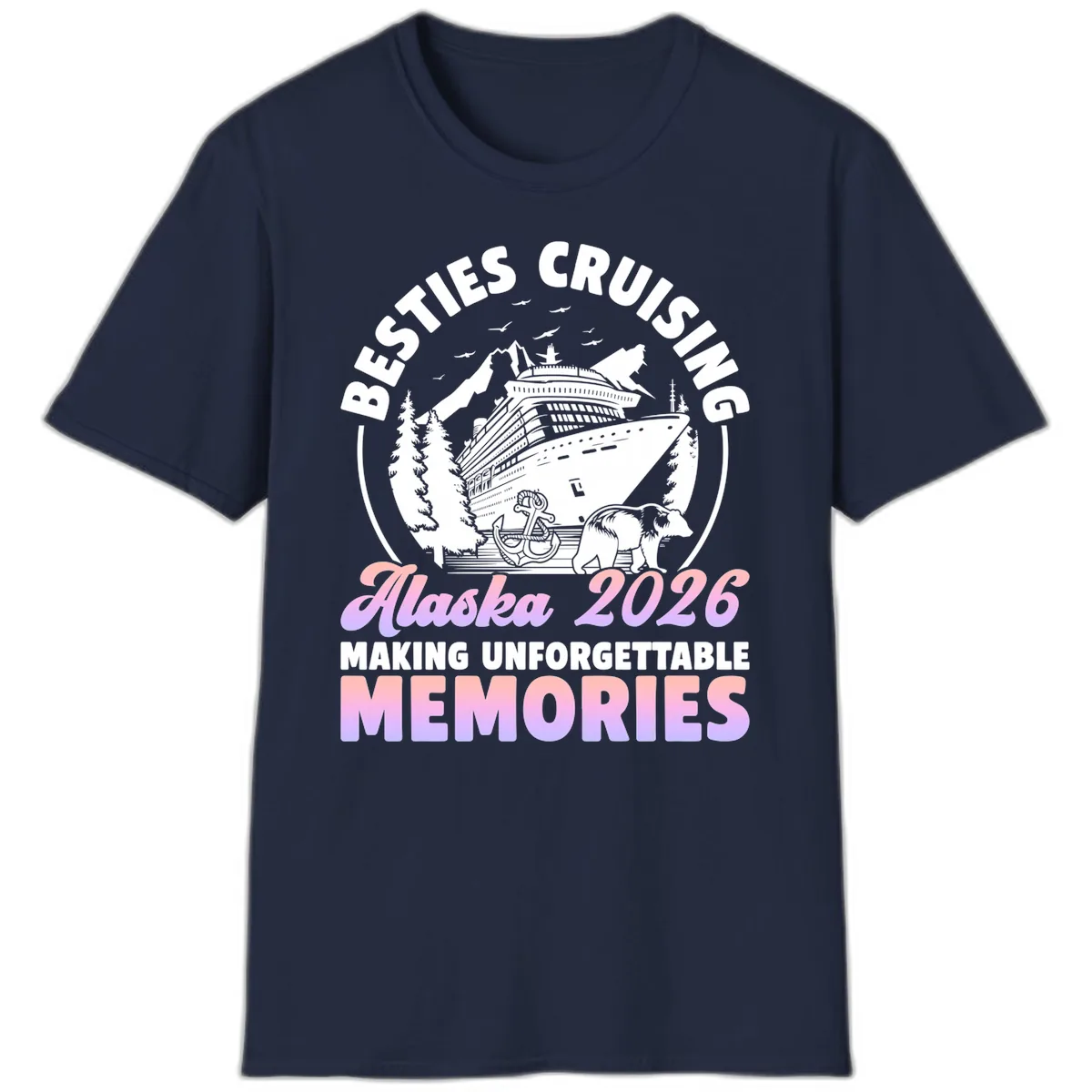 Besties Cruising Alaska 2026 Memories T-Shirt in Navy
