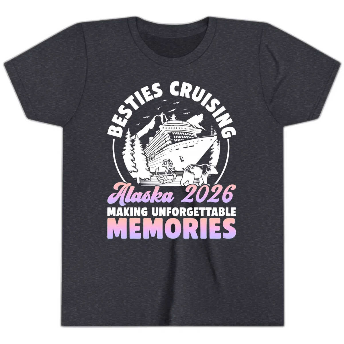 Besties Cruising Alaska 2026 Memories Youth T-Shirt in Heather Navy