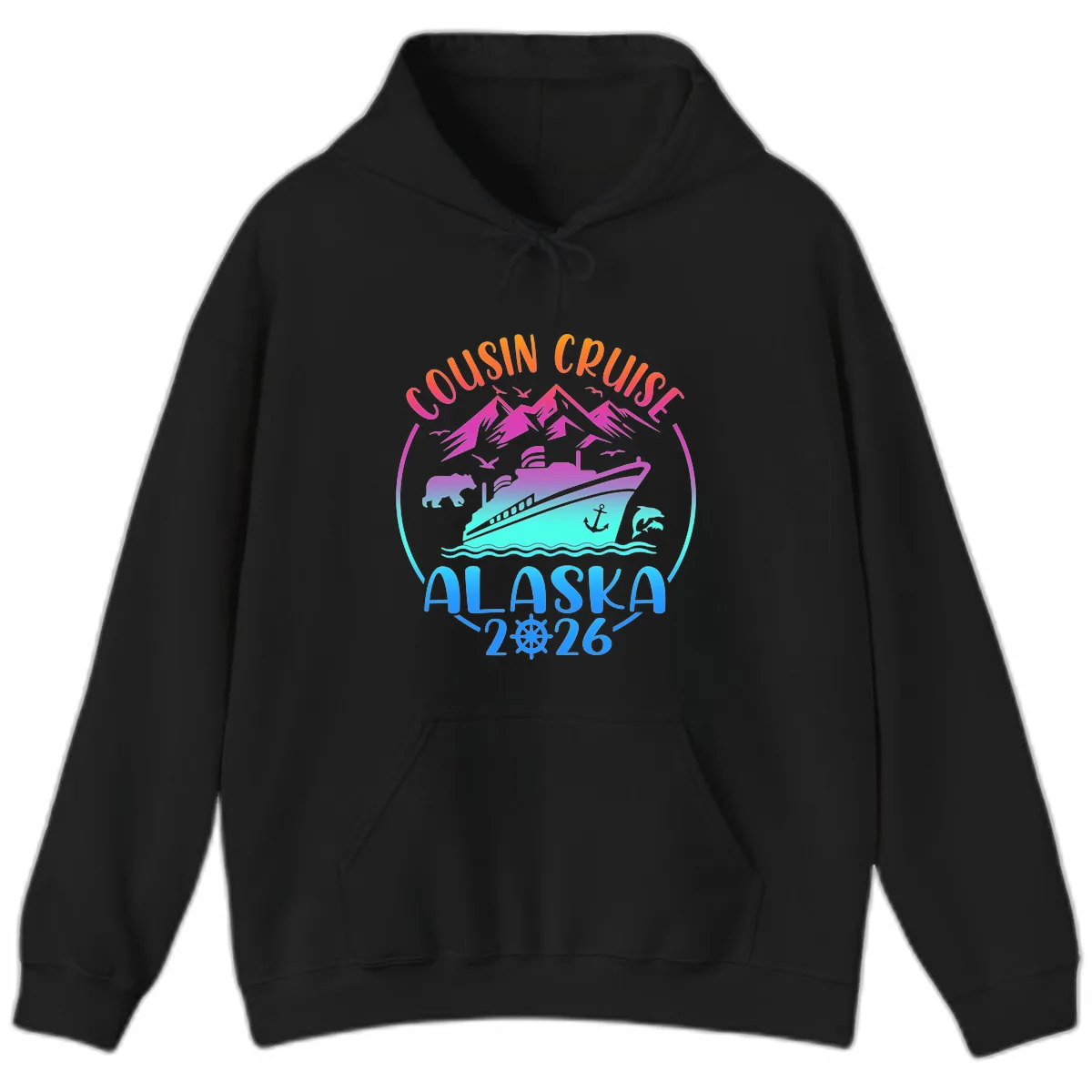 Cousin Cruise Alaska 2026 Mountains and Ship Hoodie in Black