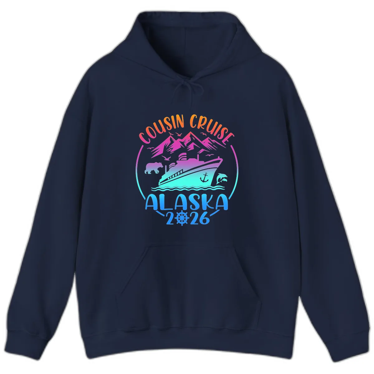 Cousin Cruise Alaska 2026 Mountains and Ship Hoodie in Navy