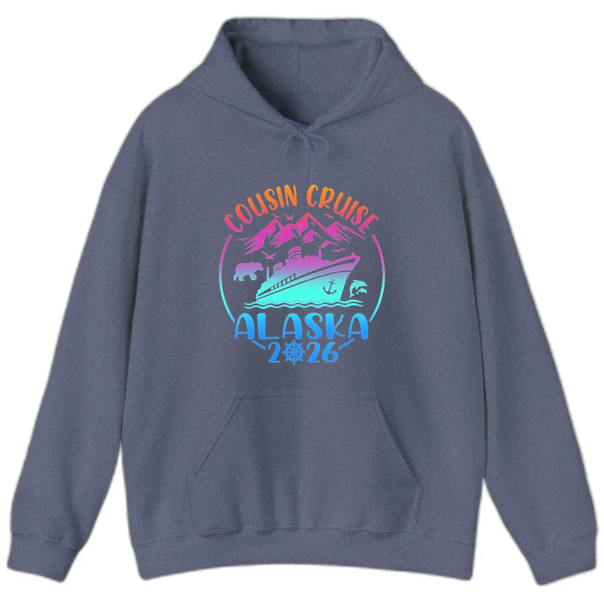 Cousin Cruise Alaska 2026 Mountains and Ship Hoodie in Heather Navy