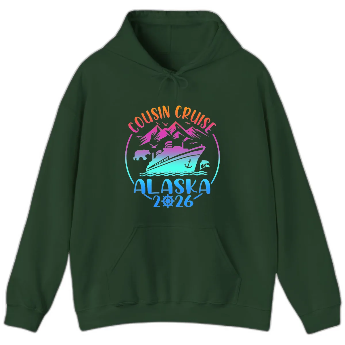 Cousin Cruise Alaska 2026 Mountains and Ship Hoodie in Forest Green
