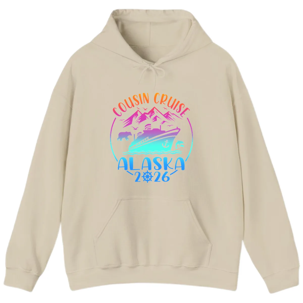 Cousin Cruise Alaska 2026 Mountains and Ship Hoodie in Sand