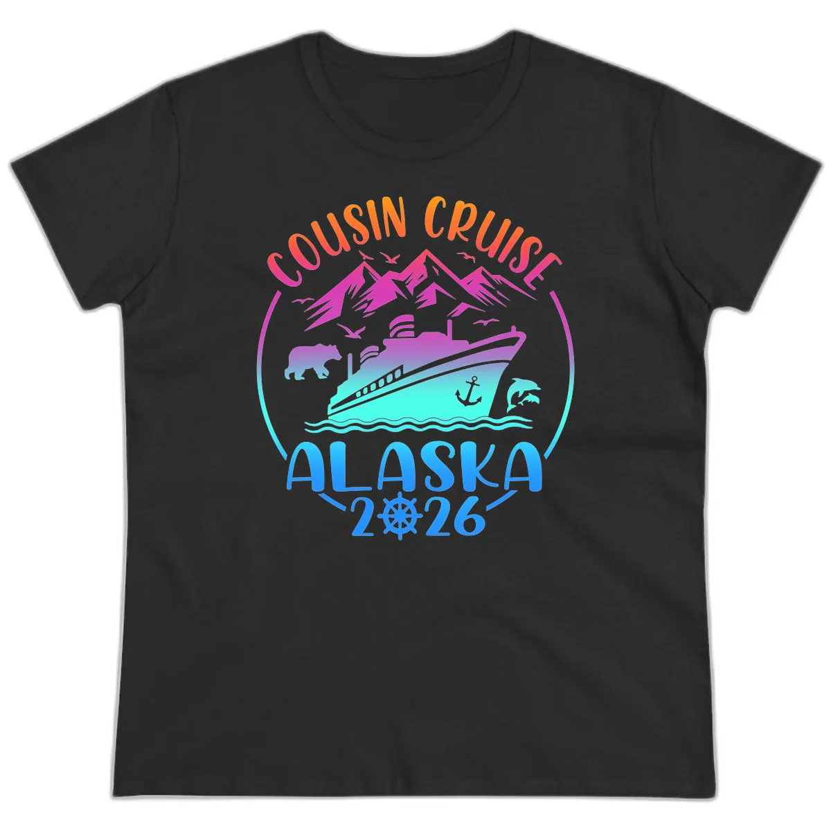 Cousin Cruise Alaska 2026 Mountains and Ship Ladies Tee in Black