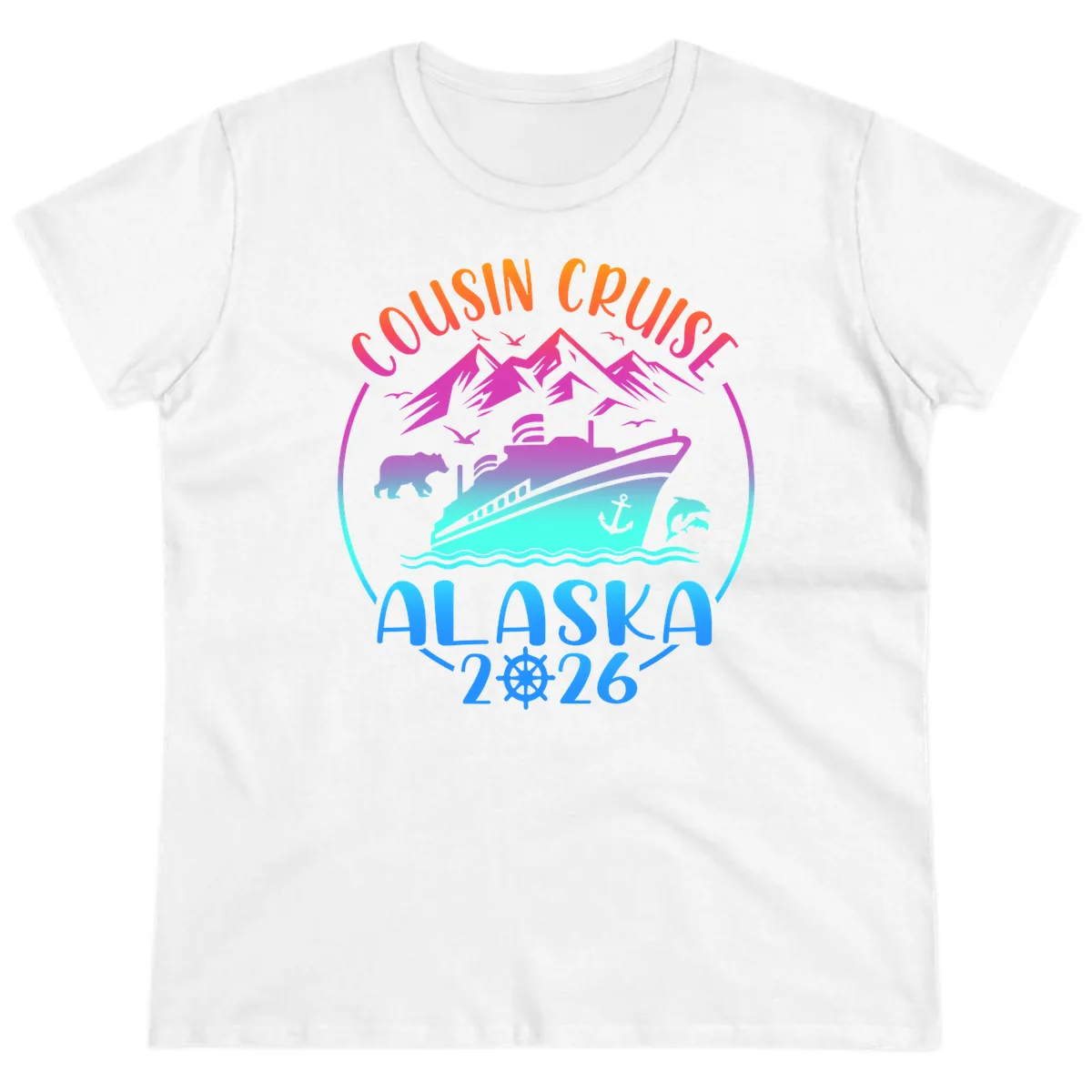 Cousin Cruise Alaska 2026 Mountains and Ship Ladies Tee in White