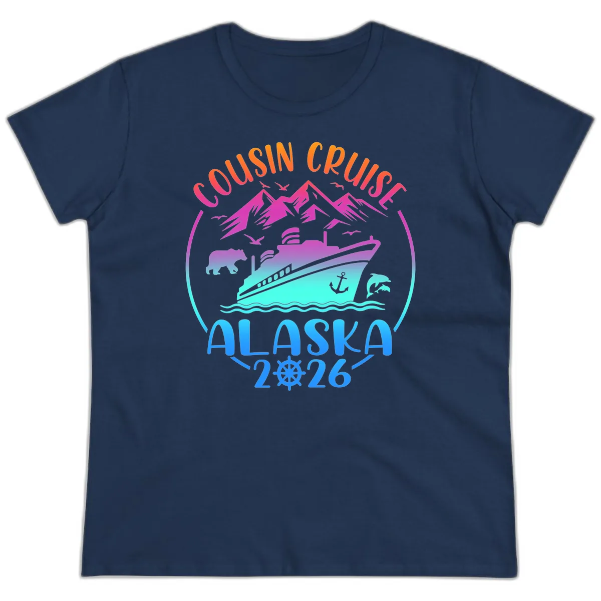 Cousin Cruise Alaska 2026 Mountains and Ship Ladies Tee in Navy