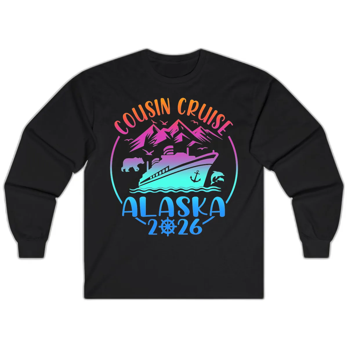Cousin Cruise Alaska 2026 Mountains and Ship Long Sleeve in Black