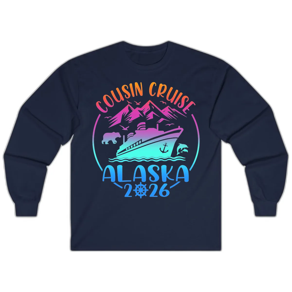Cousin Cruise Alaska 2026 Mountains and Ship Long Sleeve in Navy