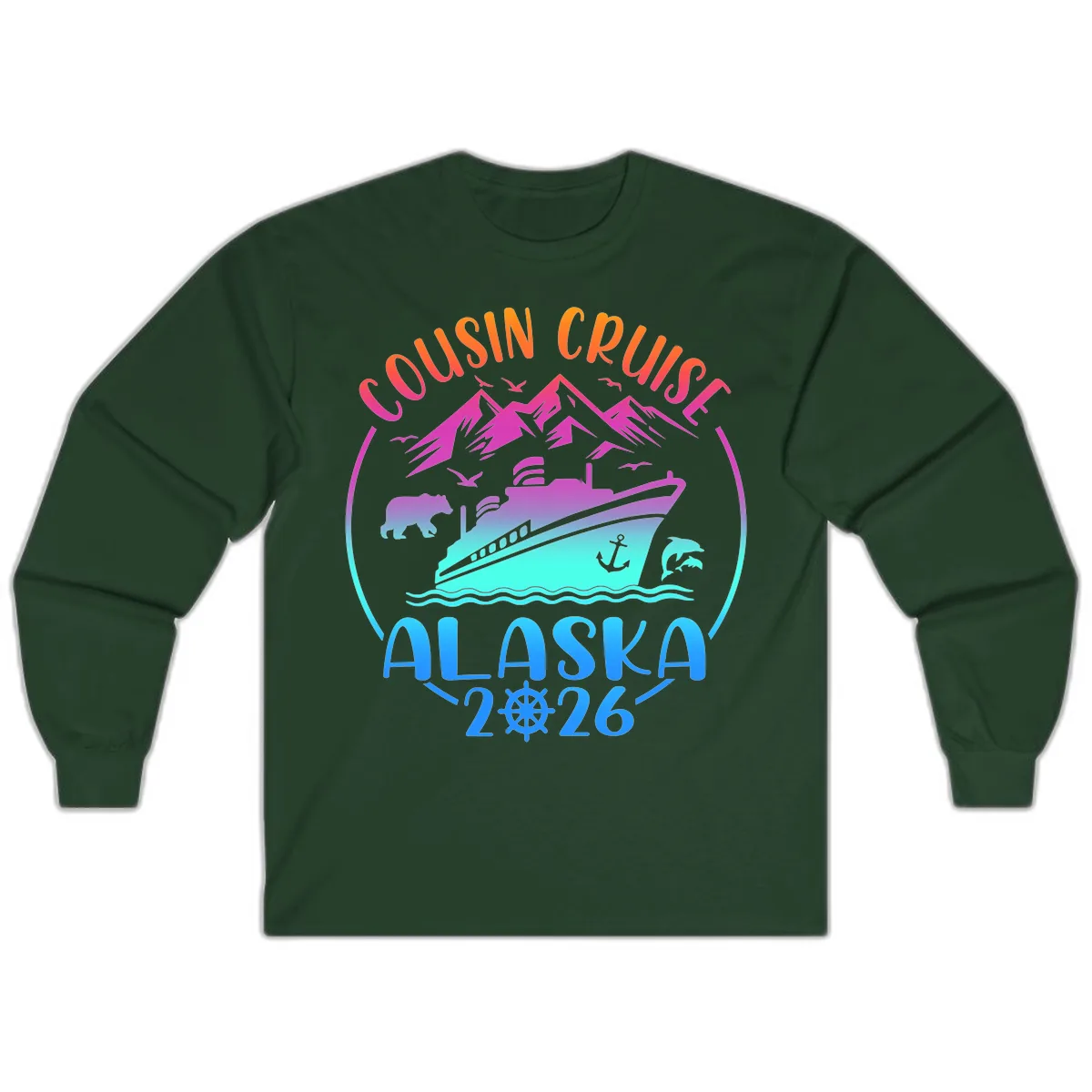 Cousin Cruise Alaska 2026 Mountains and Ship Long Sleeve in Forest Green