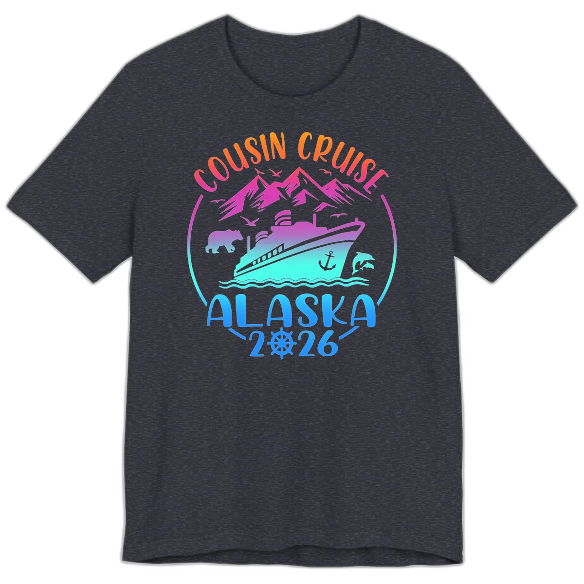 Cousin Cruise Alaska 2026 Mountains and Ship Premium T-Shirt in Heather Navy