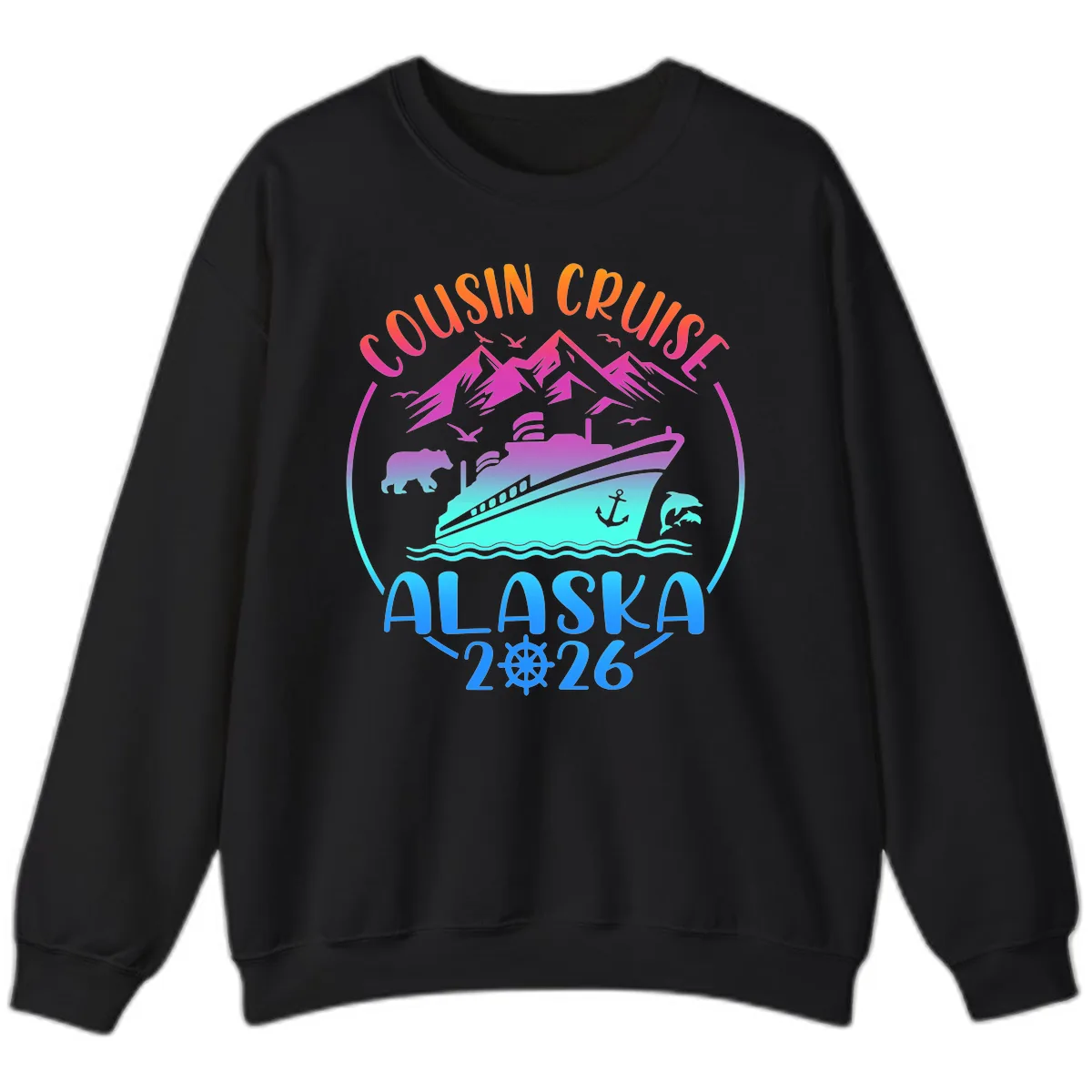 Cousin Cruise Alaska 2026 Mountains and Ship Sweatshirt in Black