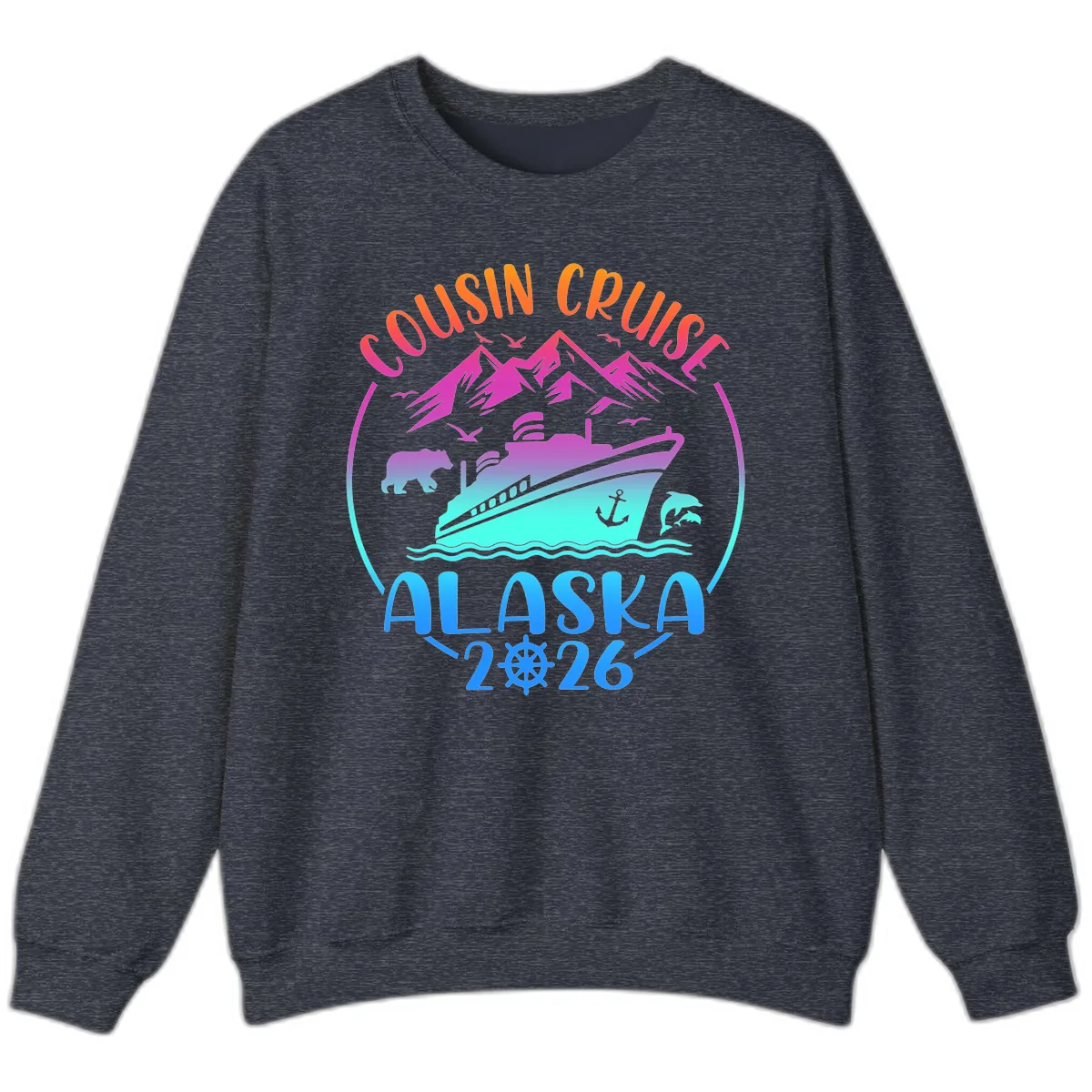 Cousin Cruise Alaska 2026 Mountains and Ship Sweatshirt in Heather Sport Dark Navy