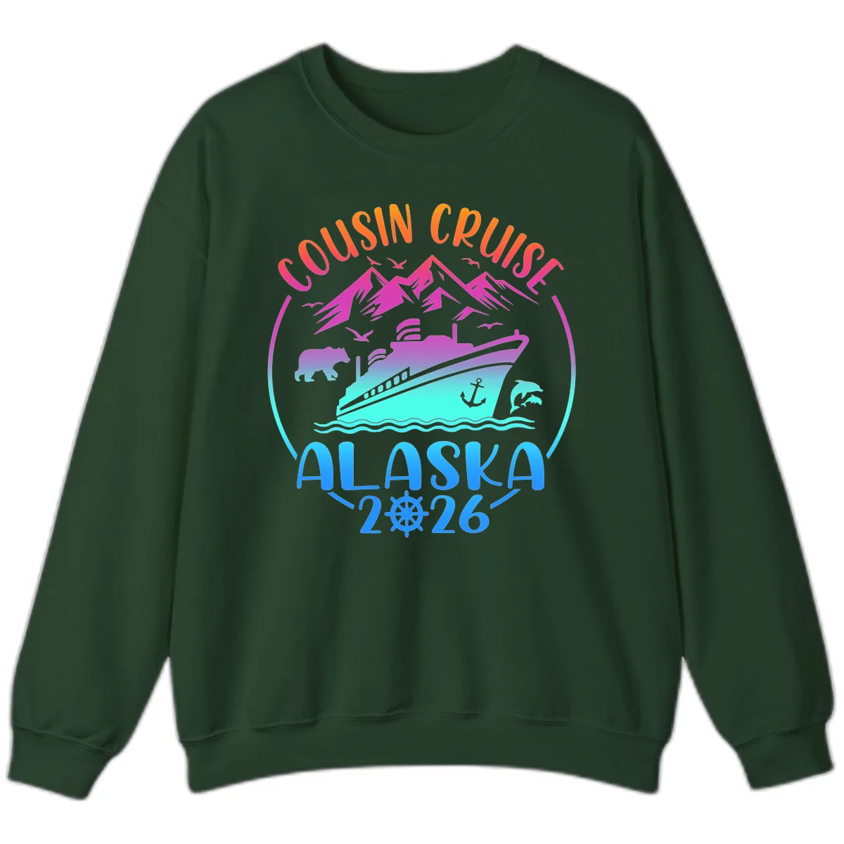 Cousin Cruise Alaska 2026 Mountains and Ship Sweatshirt in Forest Green