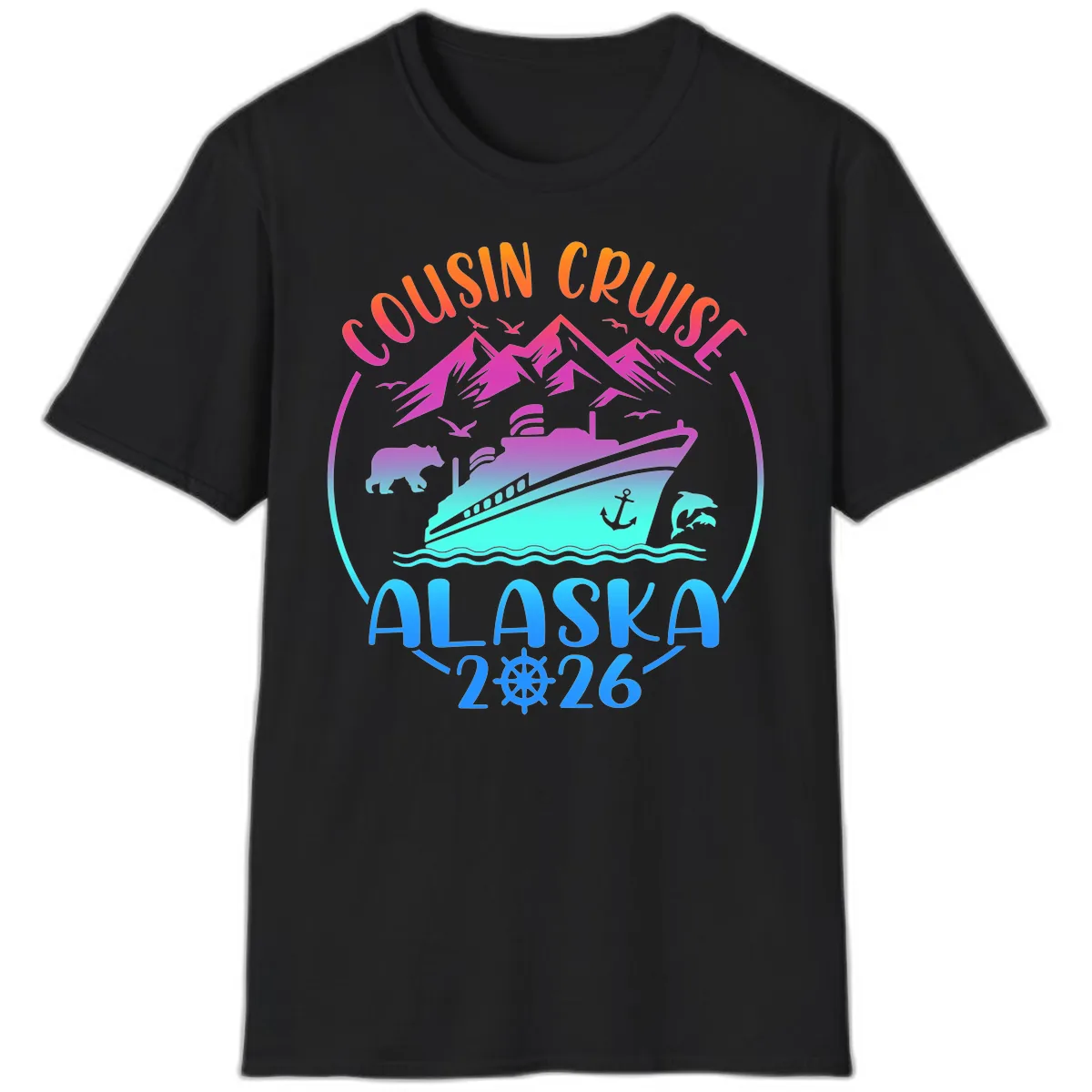 Cousin Cruise Alaska 2026 Mountains and Ship T-Shirt in Black