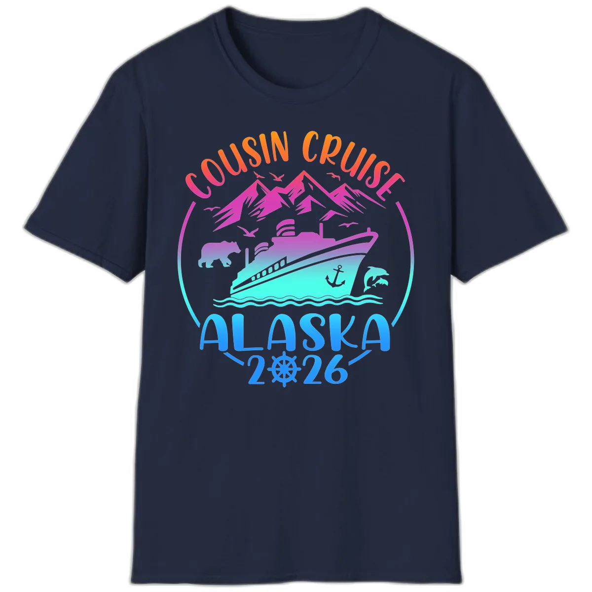 Cousin Cruise Alaska 2026 Mountains and Ship T-Shirt in Navy
