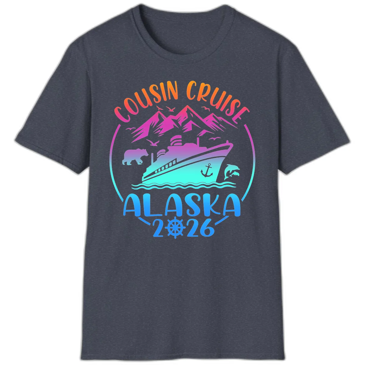 Cousin Cruise Alaska 2026 Mountains and Ship T-Shirt in Heather Navy