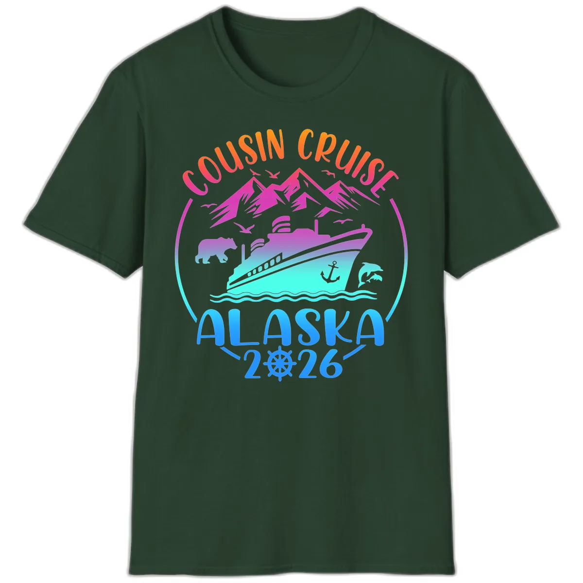 Cousin Cruise Alaska 2026 Mountains and Ship T-Shirt in Forest Green
