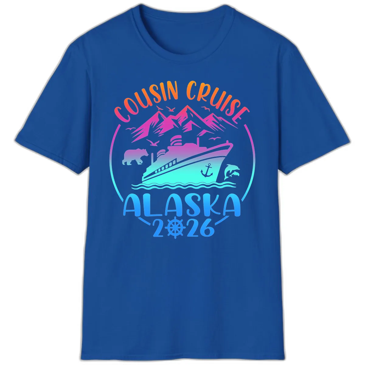 Cousin Cruise Alaska 2026 Mountains and Ship T-Shirt in Royal