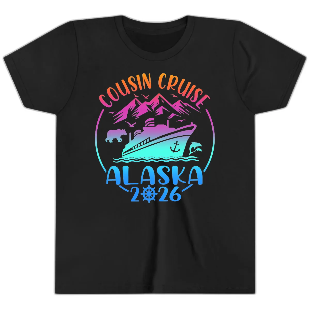 Cousin Cruise Alaska 2026 Mountains and Ship Youth T-Shirt in Black