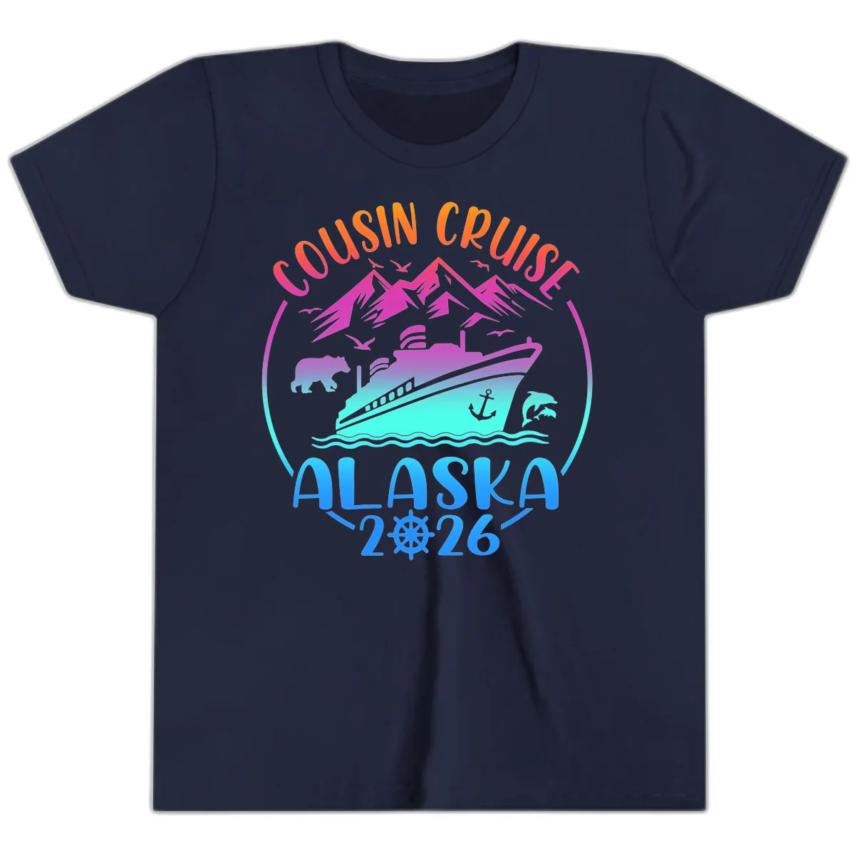 Cousin Cruise Alaska 2026 Mountains and Ship Youth T-Shirt in Navy