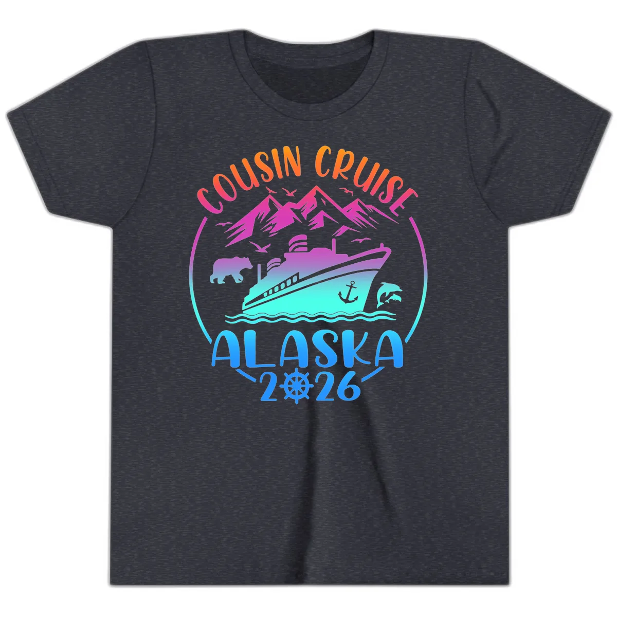 Cousin Cruise Alaska 2026 Mountains and Ship Youth T-Shirt in Heather Navy